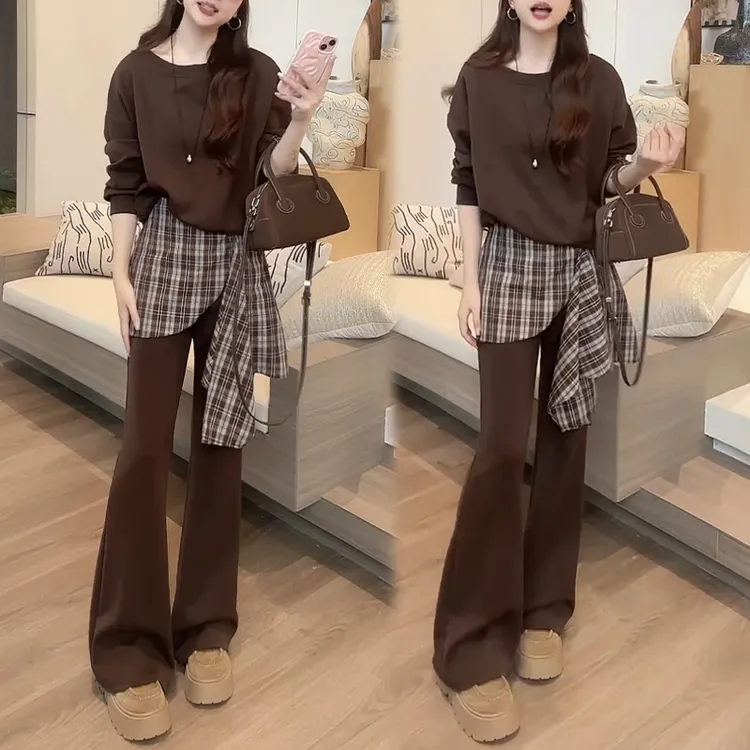 网红洋气炸街套装女2025年春秋新款长袖打底卫衣微喇阔腿裤两件套