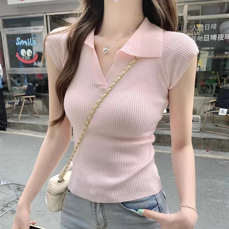 内搭打底衫小飞袖针织上衣女夏季2025新款修身粉色polo领短袖t恤