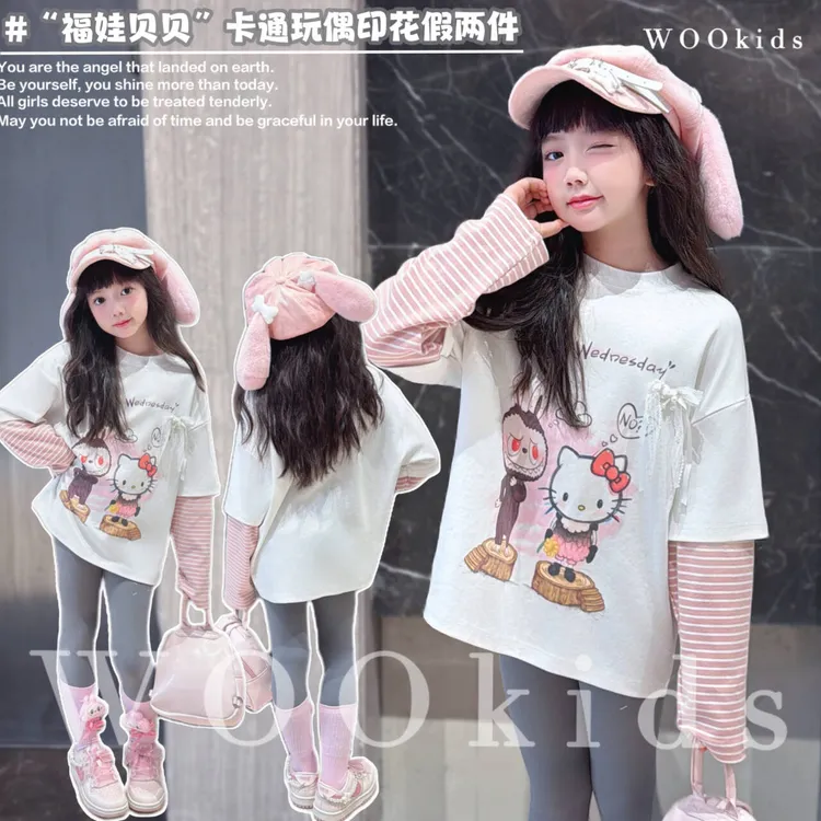 现货-WOOkids8【萌宠朋友】亲子兄妹童装高定假两件长袖T W25070301