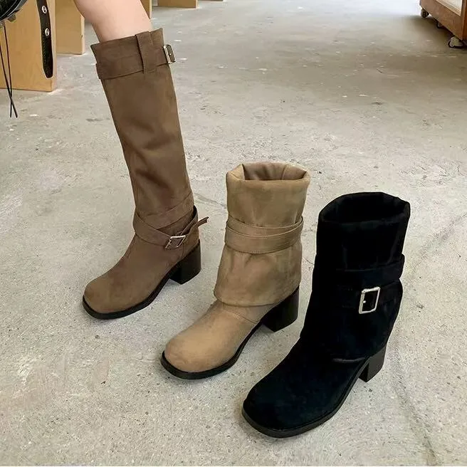 ZHIYU 一靴三穿 复古骑士靴 粗跟西部堆堆靴 两个跟高3/5.5cm