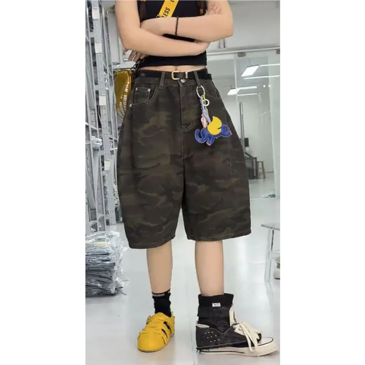 艾塔莉夏季薄款牛仔裤中裤休闲中腰常规款短裤迷彩复古百搭阔腿