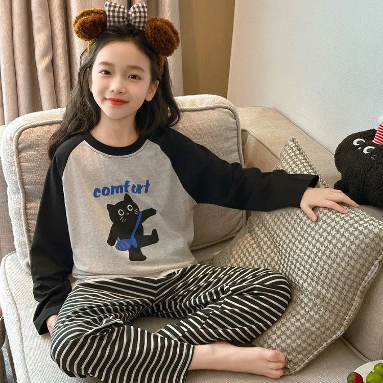 儿童睡衣女童长袖纯棉春秋休闲宝宝薄款女孩中大童卡通家居服套装