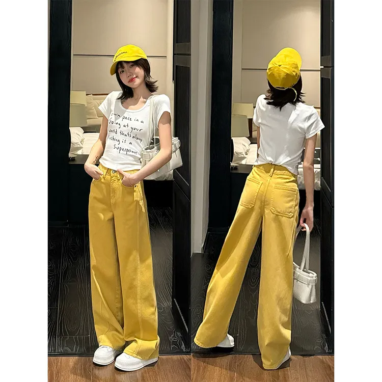 王家有鱼2025春上新黄色阔腿弯刀裤小个子显瘦牛仔裤宽松直筒裤子