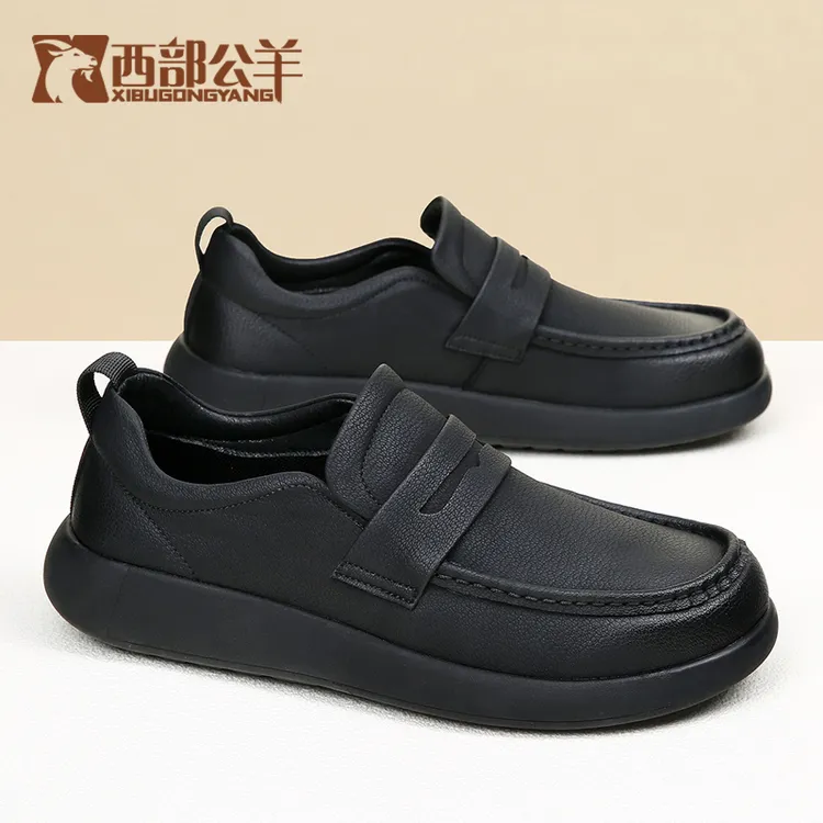 西部公羊2025春季休闲皮鞋耐磨男士工作鞋英伦风户外男鞋套脚黑色