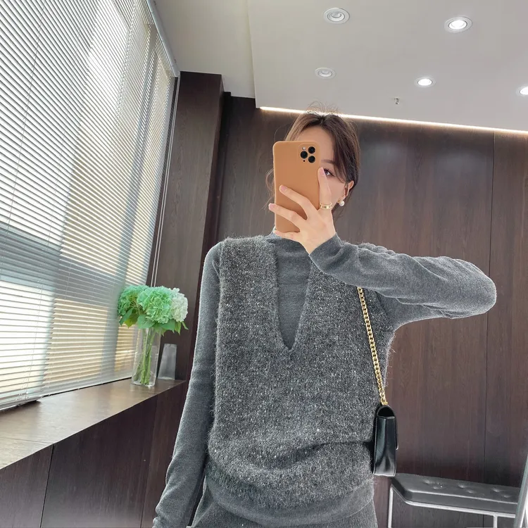 IMFLY金小金自制女装 套装DYW10178复古V领马甲+针织打底两件套