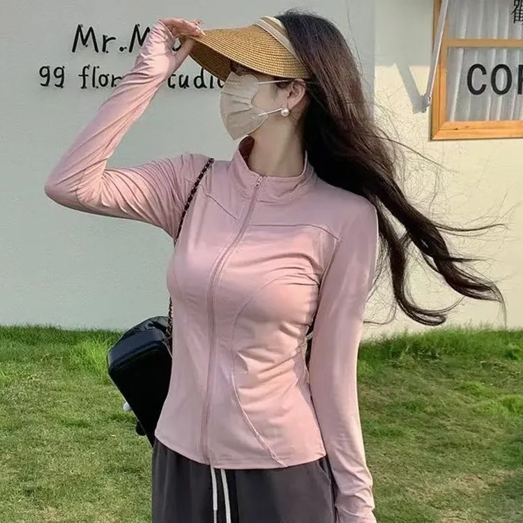 立领防晒衣冰丝速干短款瑜伽服女夏季薄款户外跑步防紫外线上衣