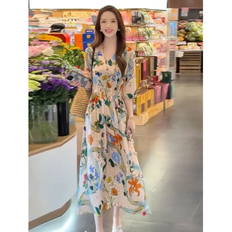 高端气质V领印花真丝连衣裙女夏法式复古收腰显瘦桑蚕丝长款裙子