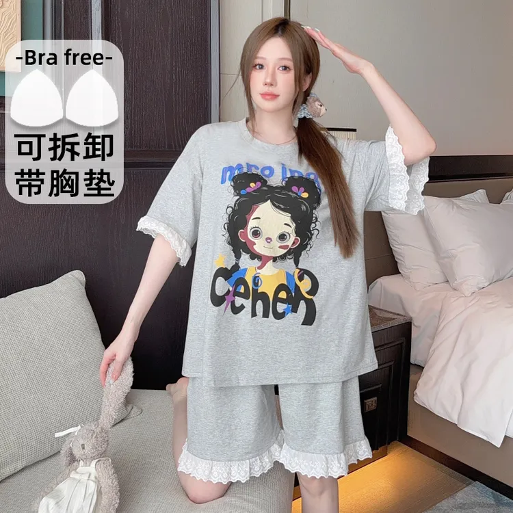 纯棉睡衣女夏甜美卡通带胸垫短袖加肥大码220斤可穿家居服