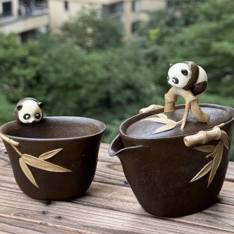 千玺茶器｜手作熊猫系列高端茶器复古小清新陶泥宝瓶熊猫宝瓶套装