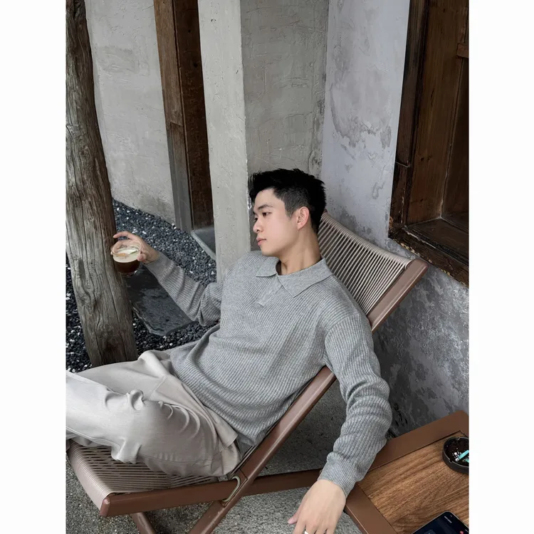 高级感秋冬季V领上衣男纯色翻领针织衫毛衣极简老钱风长袖线衫