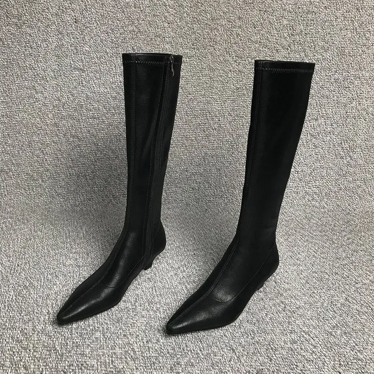 2025秋冬新款显瘦高筒马丁靴尖头高跟长靴粗跟弹力瘦瘦靴骑士靴女