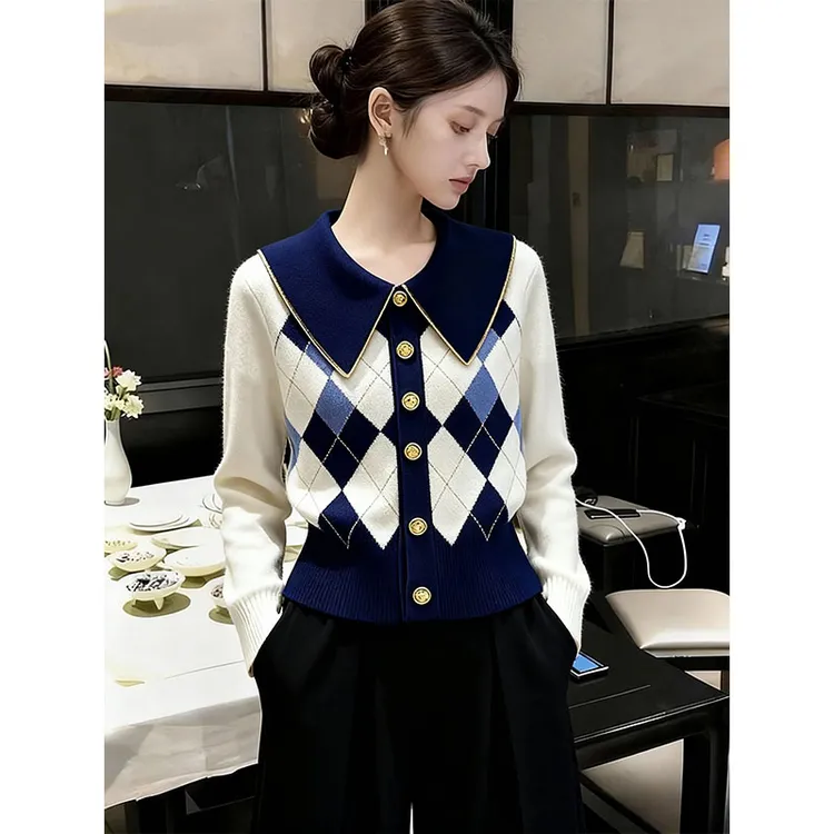 2025秋冬季新款欧货时尚漂亮洋气气质显瘦菱格长袖毛衣针织衫女装