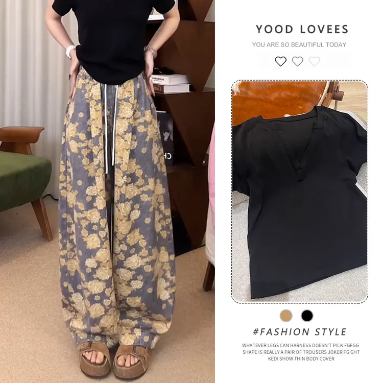 慵懒风休闲套装女夏季法式黑色V领上衣+松紧腰印花阔腿长裤两件套