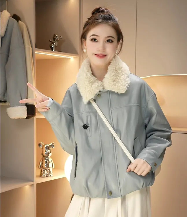 2025冬上新ins风韩版加绒加厚立领毛领皮衣外套5605