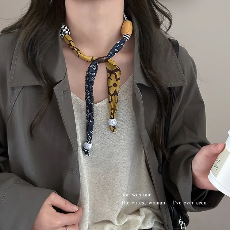 非金属布艺项链 时髦设计感串珠拼接可调节项链女复古挂脖丝巾配