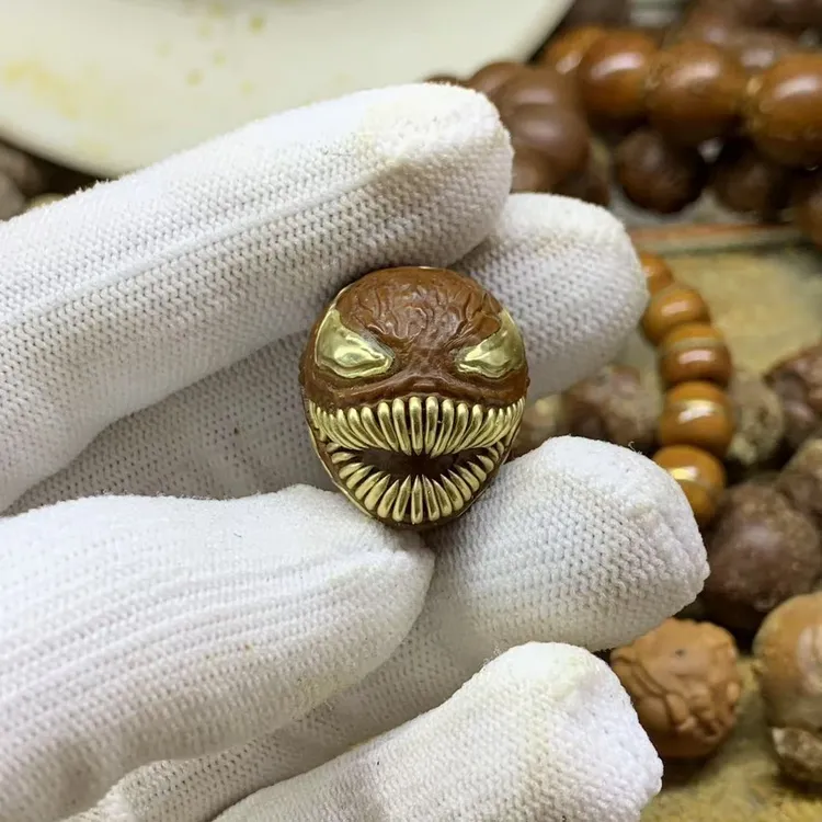 紫金鼠雕刻毒液单籽手工镶嵌精工黄铜万能配饰非猴头橄榄核