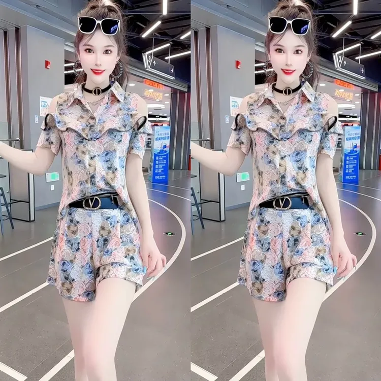 时尚套装女2025露肩夏季爆款新款短袖衫拉链连体两件套显瘦短裤