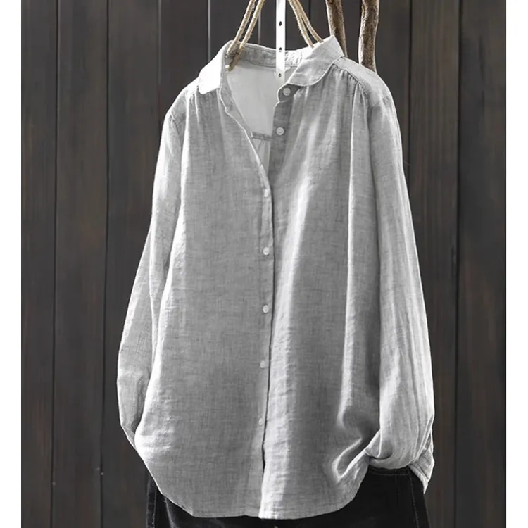 秋装新款大码双层棉纱长袖衬衫女复古文艺宽松休闲百搭直筒衬衣