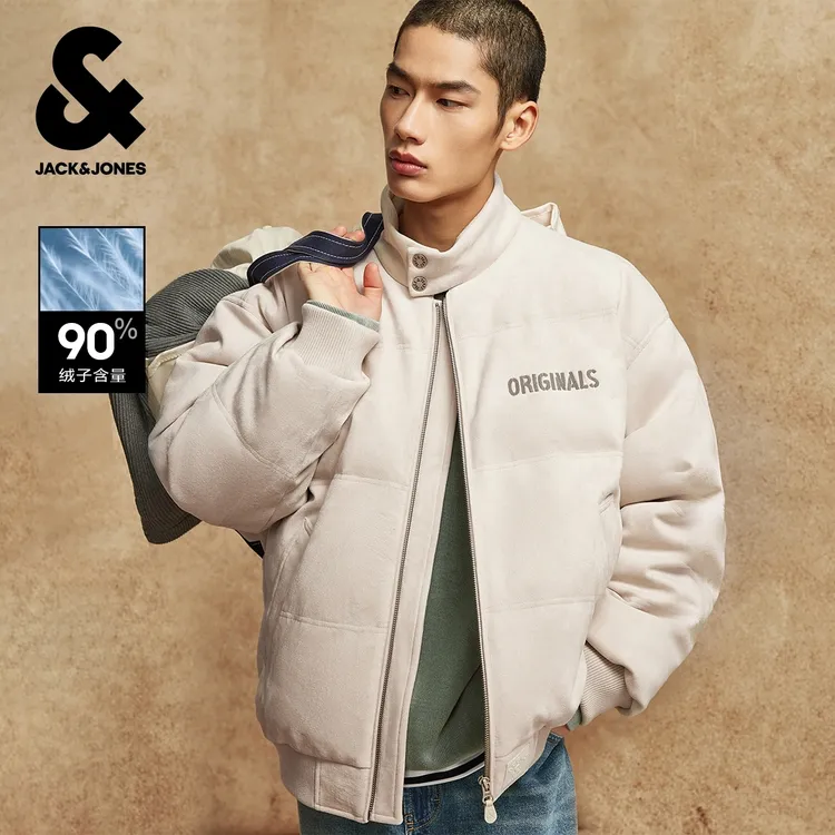 杰克琼斯男装冬季羽绒服半高领时尚潮流字母刺绣绒感面料百搭外套