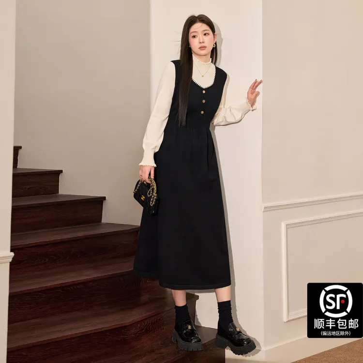 蓝语大码女装法式小香风假两件针织连衣裙2025秋季收腰显瘦打底裙