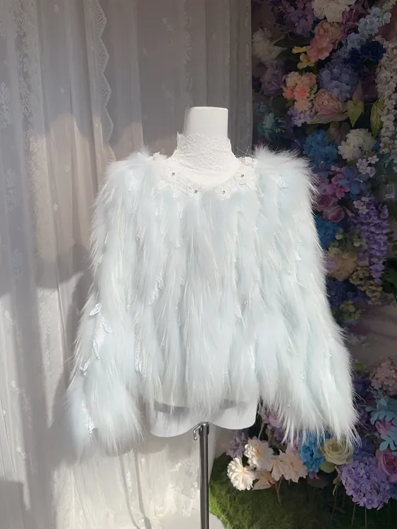 【妖姬衣橱】重工名媛千金风花朵钻饰貉子毛皮草外套