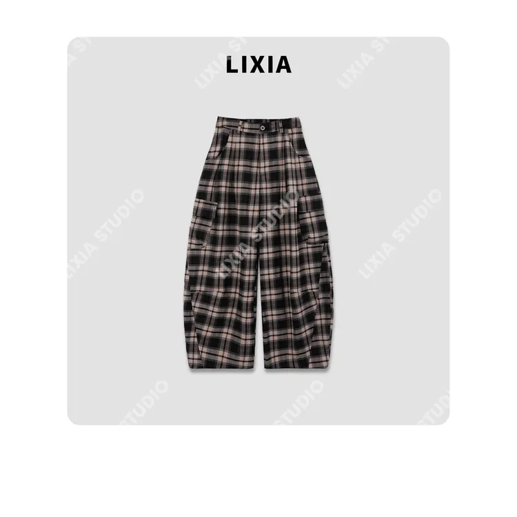 LIXIA【复古格调裤】设计师慵懒感格纹哈伦阔腿休闲长裤-D9082