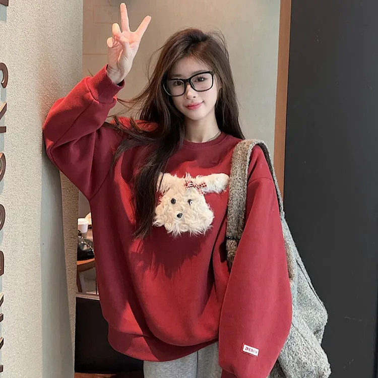 2025新年红衣服 450G高克重设计感显瘦加绒毛绒小狗卫衣女冬