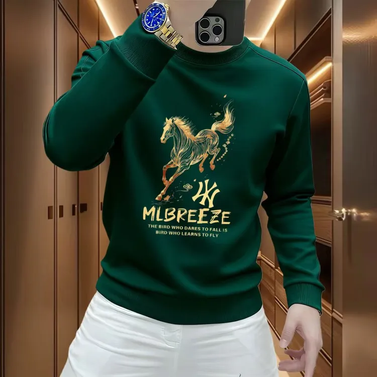 2026马年新款长袖卫衣男休闲时尚百搭圆领加绒加厚套头上衣WY马