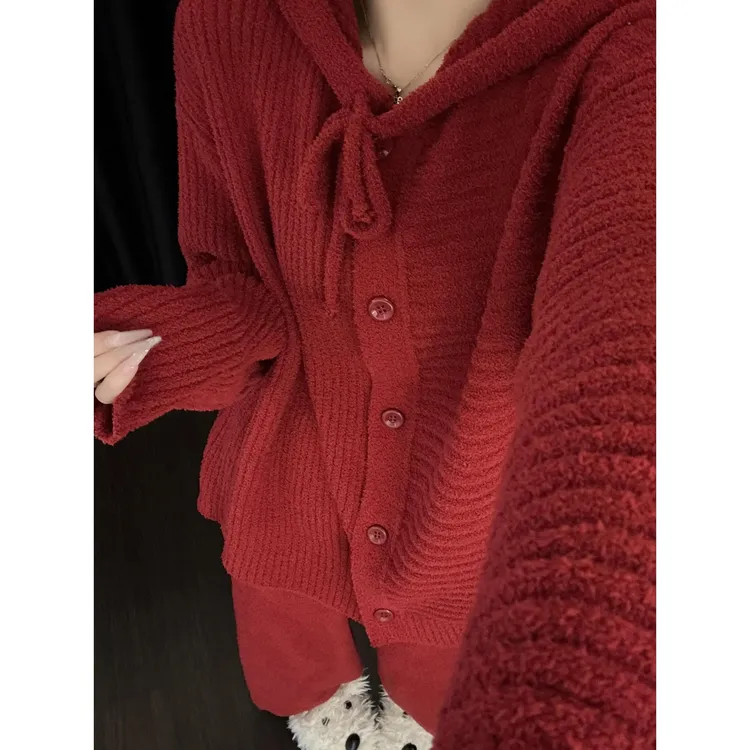 韩系慵懒风复古连帽针织半边绒睡衣女秋冬新款加绒加厚家居服套装