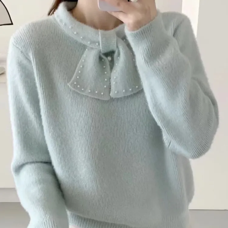 秋冬甜美风钉珠蝴蝶结长袖针织衫独特圆领减龄软糯毛衣上衣