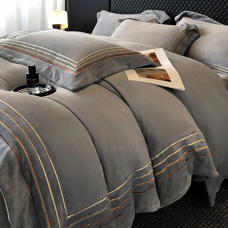 水星家纺冬季加绒加厚牛奶绒四件套保暖轻奢简约绒被罩防静电设计