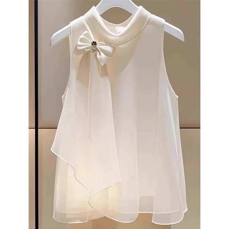 法式温柔蝴蝶结雪纺衬衫夏季新款设计感小众宽松显瘦无袖背心上衣