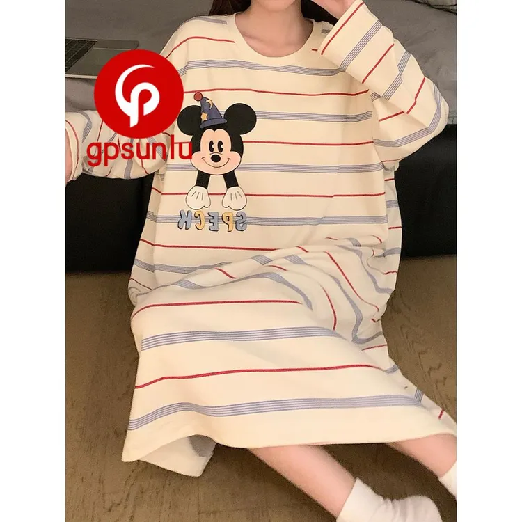 gpsunlu卡通条纹睡裙女春秋季长袖韩版中长款睡衣女可外穿家居服