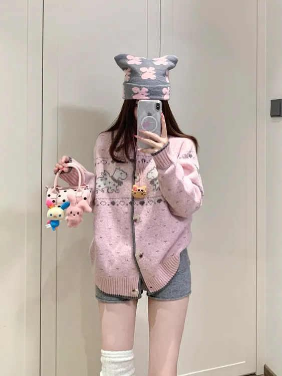 韩系复古小狗提花软糯毛衣外套女秋冬宽松显瘦慵懒风针织开衫上衣