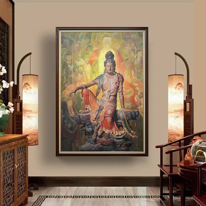 【水月观音】林德华原创油画肌理版画客厅中堂挂画茶室办公室装饰画