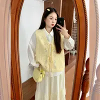 LT STUDIO辣条大码女装 复古绣花蝴蝶结系带V领针织马甲女