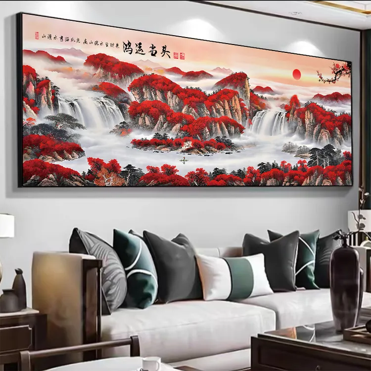 鸿运当头山水画晶瓷镶钻挂画新中式沙发客厅背景墙防水客厅挂画