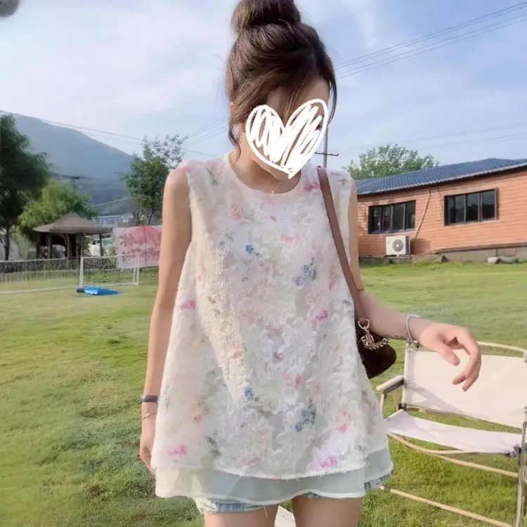 固质韩系温柔风时尚彩色提花无袖小衫女2025夏款国风宽松坎肩背心