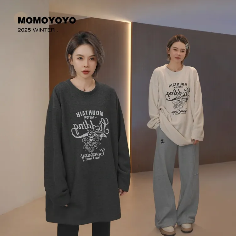 辰辰妈【滑行兔】女童加绒中长款印花T恤宽松亲子装套头上衣9297D