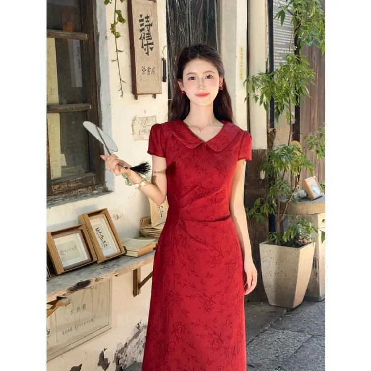 【红枫林】LiLi夏季新中式改良复古暗纹红色显白气质连衣裙XMZH7767