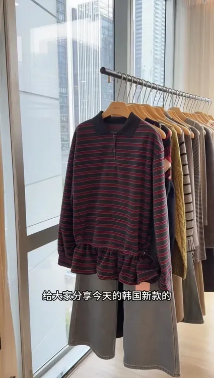 春秋新款潮牌女装韩版休闲撞色条纹polo领显瘦上衣宽松直筒牛仔裤