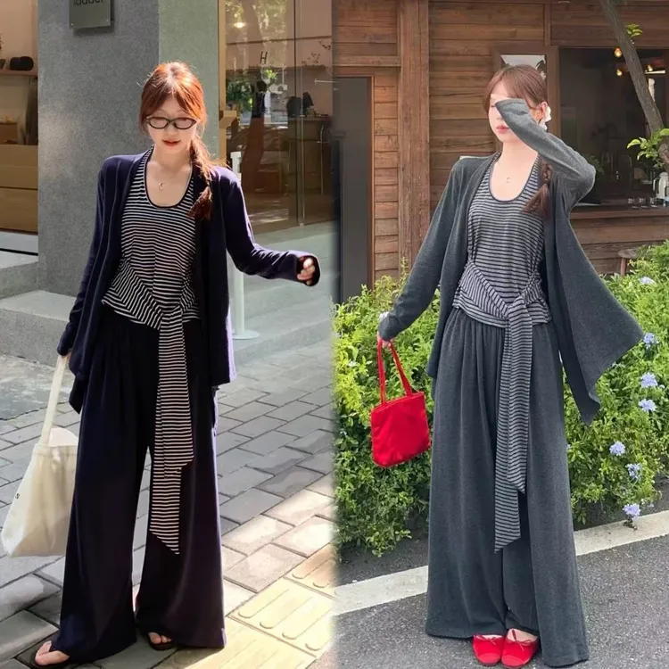秋季新款大码慵懒风长袖休闲开衫条纹挂脖t恤宽松显瘦阔腿裤套装