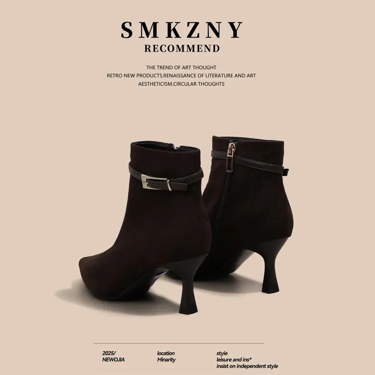 细跟高跟短靴女款2025秋冬新款法式尖头女士小踝靴气质显瘦马丁靴