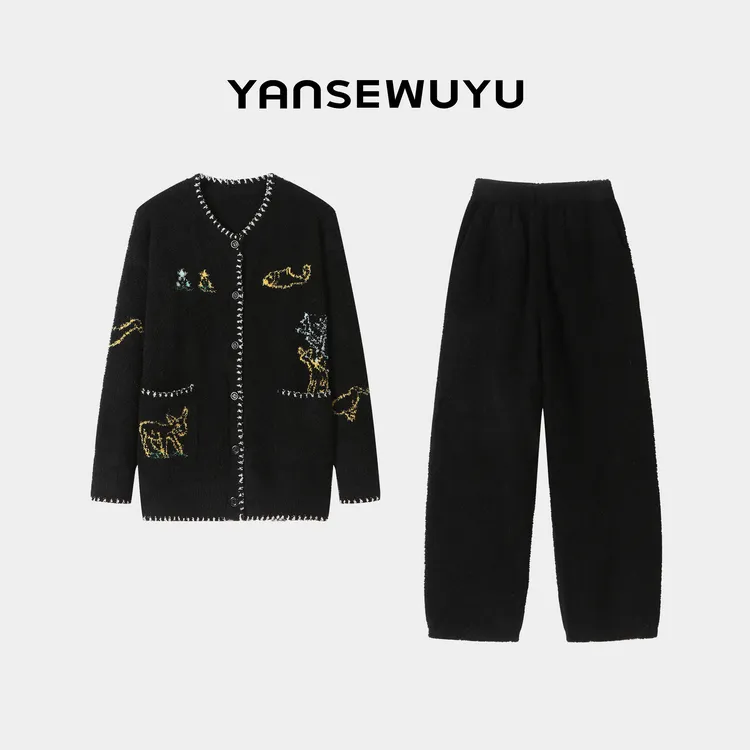 【昼黑小香】半边绒家居服两件套装圆领小香风睡衣冬厚保暖时尚毛衣