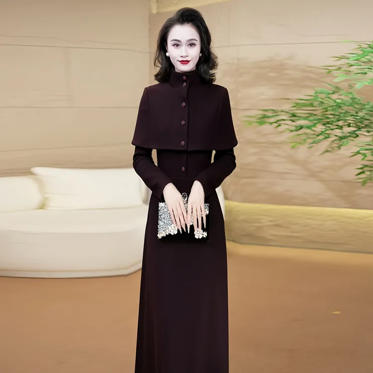 黛紫色高贵气质秋冬加厚女连衣裙2025年新款高级感斗篷时尚长裙66