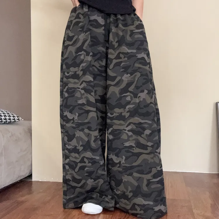 美式休闲长裤高腰春秋水洗迷彩裤时尚印花宽松松紧腰阔腿裤-25255
