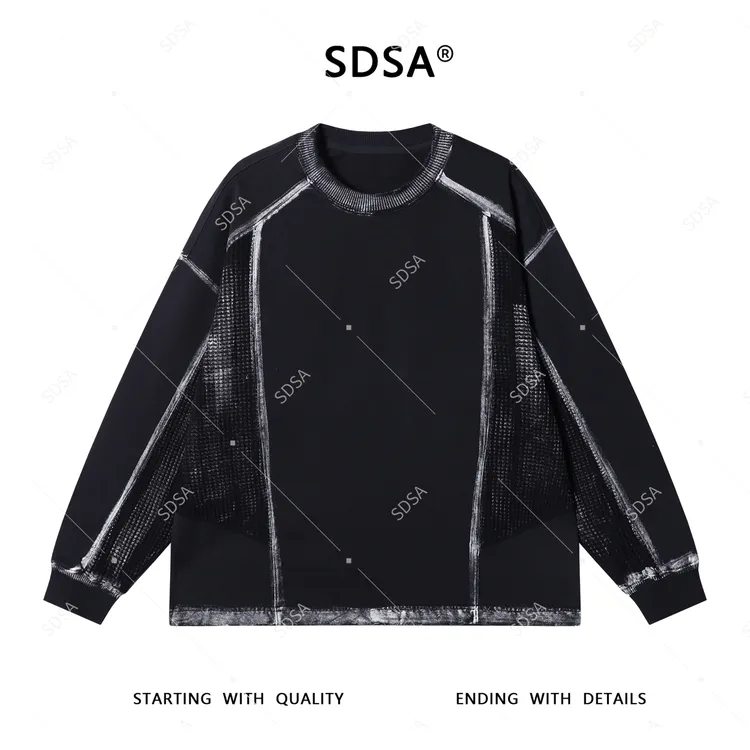 SDSA男士秋冬新款轻奢痞帅男装做旧拼接印花圆领长袖T恤百搭时尚