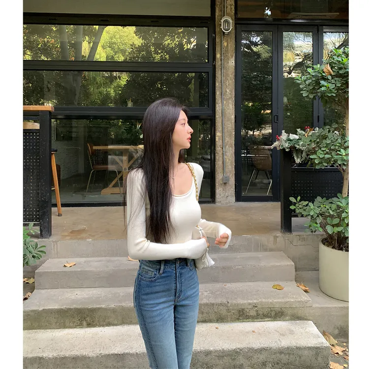 ADA MISS气质蛋勺领真丝羊毛针织打底衫修身显瘦百搭毛衣女冬新款