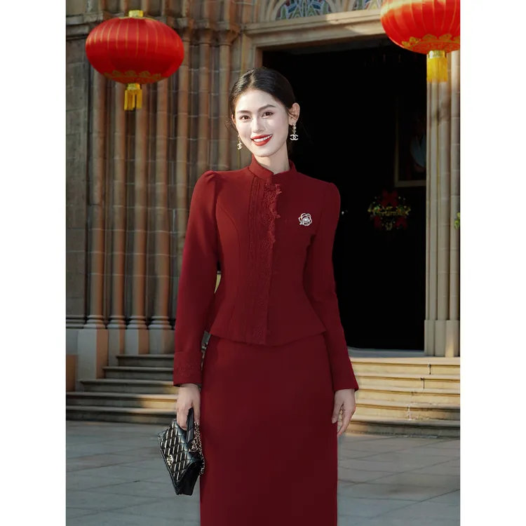 凌茜恣禾【千缘】国风新中式修身收腰显瘦红色高级感外套优雅半裙