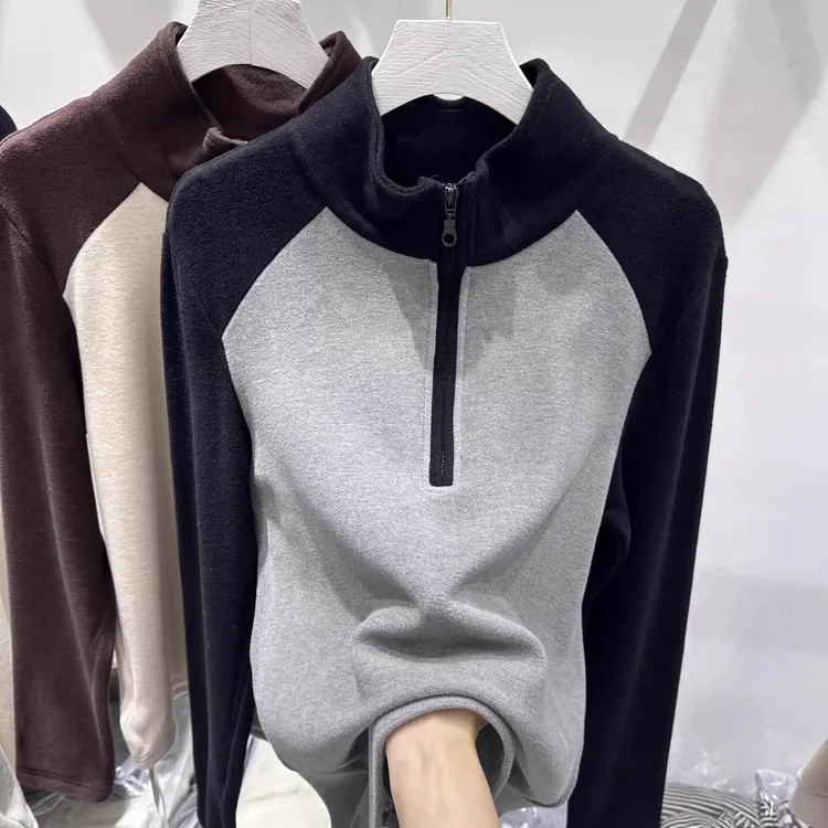 中大童半拉链德绒内搭卫衣打底衫女童秋冬加厚磨毛撞色插肩袖上衣